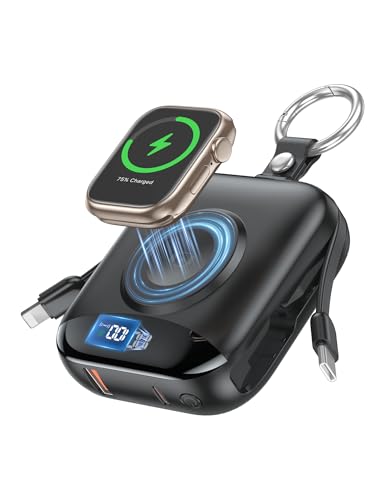 Portable Charger, 10000mAh 22.5W Fast Charging Power Bank with Built-in Cables, Travel Essentials Battery Pack with LED Display for iPhone, Portable iWatch Charger for 11/10/9/8/7/6/5/4/SE/Ultra Black