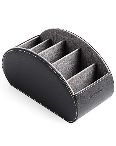 SANQIANWAN PU Leather Remote Storage Box Holder Remote Control Holder with 5 Compartments for TV Receiver DVD Desk Pen Kitchen Bathroom Makeup (Black)