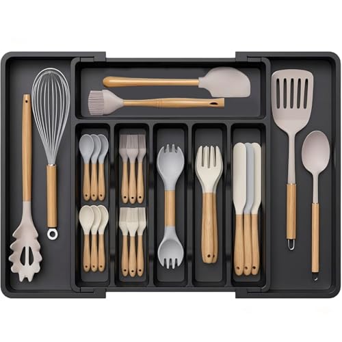 Humbaura Adjustable Cutlery Drawer Organiser, Extendable Kitchen Tray with 8 Compartments, Durable Plastic Storage Solution (Black)