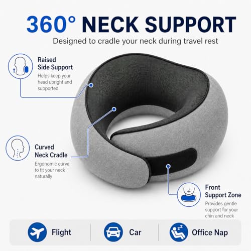 Oreiller de voyage pour avion, oreiller cervical en mousse à mémoire de forme pour voyage avec support de menton, housse lavable et sac de rangement, support de cou ergonomique à 360° pour les longs vols, voiture, bureau, maison, gris max – Image 2