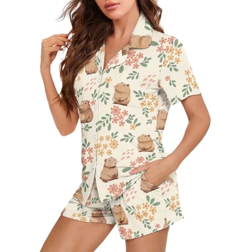 Image of Women's Short Sleeve Sleepwear Pajamas Nightwear with Pockets | skin-friendly breathable material resists pilling fading and deformation after repeated washing