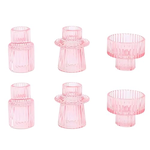 Image of Doolitt Candle Holders Set, Votive Glass Candle Stick Holders, Pillar Taper Decor Centerpiece for Table, Crystal Tea Light Candle Holders for Home Dining Wedding Party Festival (6, Pink)