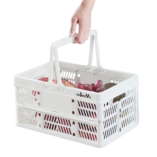 ZHJINGYU Caja Plegable Plastico con Mangos Suaves, 38 x 25 x20 cm, 20 I, Cesta Pástico para Cocina, Baño, Bebidas (Blanco, Mediana)