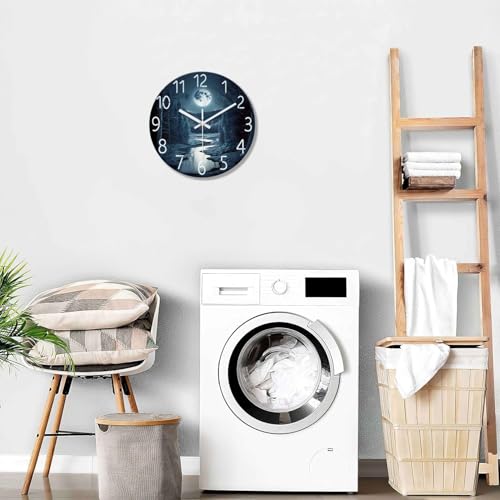 Image of XFM Moon Glass Wall Clock 12 Inch Dark Blue | Silent Non Ticking Battery Operated Round Analog Modern Nature Decorative for Living Room Kitchen Bedroom Decor