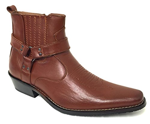 WT1J Men’s Cowboy Boots Western Ankle Harness Strap Leather Lining Elastic Gore Side