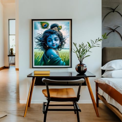 Image of Whattacraft! DIY Acrylic Paint By Number Kit For Adults Kids Beginner Number Painting Kit DIY Canvas Painting By Number Wall Decoration DIY Painting Kit For Adults | Cute Little Lord Krishna, Blue