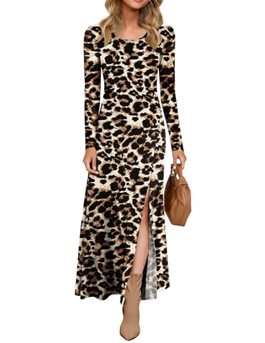 AUSELILY Damen Langarm Maxikleid - Kleid Langarm Lang Herbstkleid Winterkleid Schlitz Elegant Leopard Schwarz S