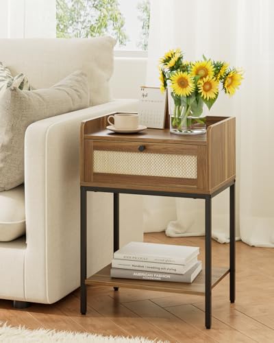 Image of Masupu Rattan Nightstand,3-Tier Modern Bedside Night Stand with Storage Drawer and Shelf,Small End Side Table for Bedroom,Living Room,Walnut Brown (Without Outlet, Brown)