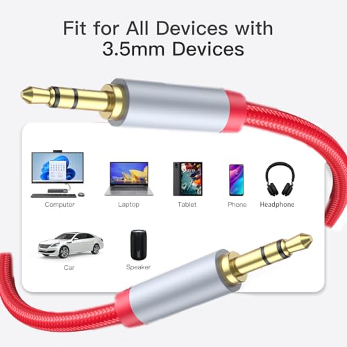 Image of Aux Cord 30ft - 3.5mm Audio Cable - Nylon Braided 3.5mm Male to Male AUX Cable Cord for Car, Headphones, Home Stereos, Speaker -Red