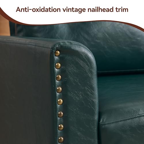 Image of 34.3 inch Faux Leather Modular Sectional Single Couch, Vintage PU Leather Accent Sofa Chairs with Nailhead Trim for Sofas, Mid Century Modern Tufted Chair for Living Room, Bedroom, Office, Forest Green