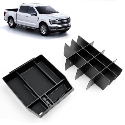 ELECFRESH 2PCS Center Console Organizer for 2024 2023 2022 2021 Ford F150 Accessories, Armrest Storage Box and 16-Compartments Divider for Ford F150