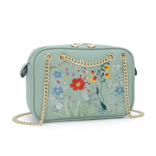 Small Crossbody Bags for Women, Soft Leather Embroidered Cross Body Purse With Adjustable Chain Straps