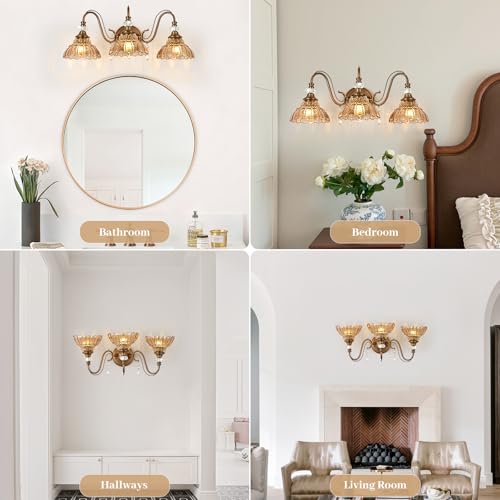 Image of Vintage Bathroom Vanity Light, 3-Light Matte Antique Brass Finish Wall Sconce with Hanging Crystal Accents and Flower-Shaped Amber Glass Shades, Retro Wall Mount Vanity Light Over Mirror for Bathroom