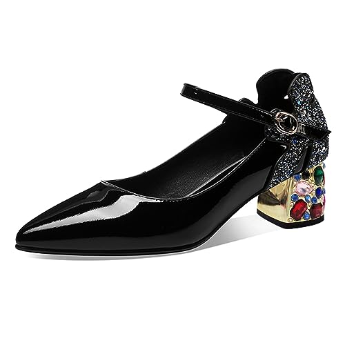 YDN Women Sexy Sparkly Flower Pumps Pointed Closed Toe Buckle Ankle Strap Contrast Stitching Rhinestone Block Low Heels Shoes Prom Shopping Party Size 4-16 US