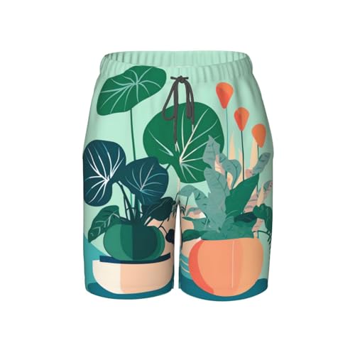 Indoor Cartoon Potted Green Plants X-Large Youth Beach Pants, Soft and Breathable, with Drawstring Waist, Suitable for Sports and Leisure. - Main Image