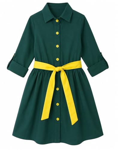 Image of A.T.U.N. (ALL THINGS UBER NICE) Girls 100% Cotton Shirt Dress with Belt | Solid Button-Down Dress with Collar Neck | Soft Breathable Kids Outfit for Girls