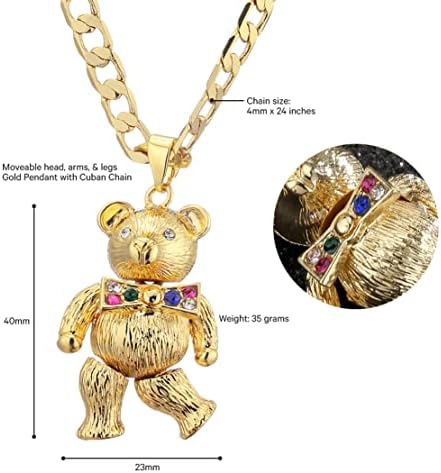THE BLING KING Gold 3D Teddy Bear Pendant with Cuban Chain Necklace - Gold Plated Jewellery with Decorative Stones, Moveable Head, Arms and Legs - Chain Size: 4mm x 24" Inch, Pendant Size: 23mm x 40mm
