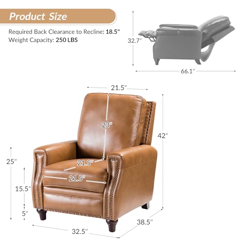 HULALA HOME Genuine Leather Manual Recliner Chair with Adjustable Backrest & Footrest, Mid Century Modern Push Back Recliner with Nailhead Trim & Wood Legs-for Living Room Home Theater, Camel - Image 3