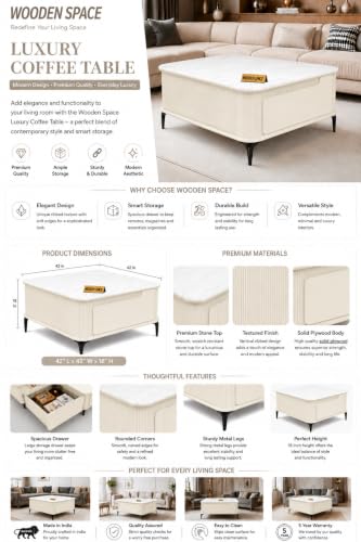 Image of WOODEN SPACE Premium Solo Marble-Top Wooden Center Table for Living Room | Iron Legs | PVD Coating | Modern Entryway Furniture | Coffee Table (Cream, 42x42x18 Inch)