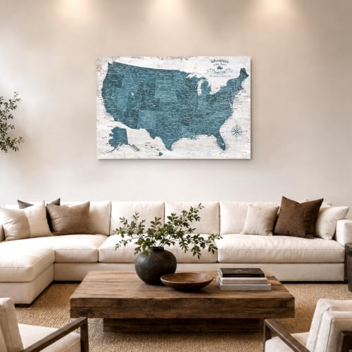 Image of IPIC Antique Blue US Travel Map with Pins, USA Map Pin Board, Size 42x28 in