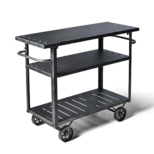 LOKKHAN Rolling Bar Cart with Handle [3 Tier] Home Kitchen Microwave Cart Island On Wheels, Mobile Serving Cart Beverage Cart, Coffee Station (Metal/Wood, Industrial Black)