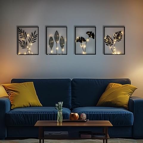 QXSXKJ Metal Wall Art, Black Frame Decor With Light Strips, 4pack Modern Farmhouse Decor, 3d Metal Wall Ginkgo Decor With Lamp for Living Room Bedroom Kitchen Office (16x11) Cover