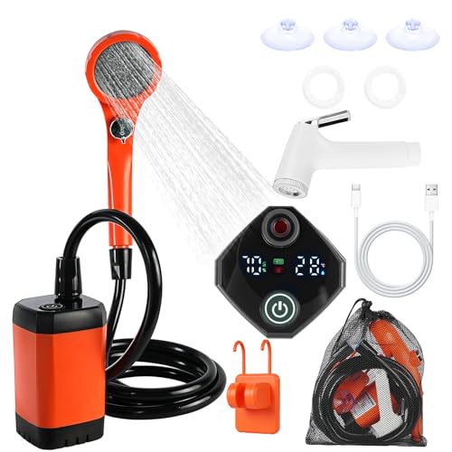 ポータブルシャワー 9000mAh 充電式 簡易シャワー 液晶表示 アウトドア風呂用 スプレイガン&収納ネット付き 屋外 キャンプ 洗車 ガーデン 水やり 海水浴 旅行 家庭用 防災 IPX7防水 PSE認証済 (オレンジ)