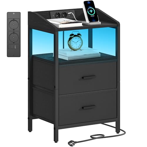 Hzuaneri Table de Chevet, avec Éclairage LED, Table de Nuit avec 2 Tiroirs de Rangement en Tissu, Tables d'appoint avec Ports USB et 2 Prises CA, pour...