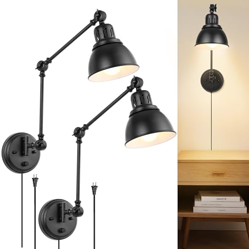 Image of GOODATE 2 Pack Plug in Wall Sconces, Dimmable On Off Switch, Swing Arm Wall Lamps, Wall Sconces Set of Two, Black Metal Industrial, Plug-in or Hardwired (Black, Without Bulbs+Remote)