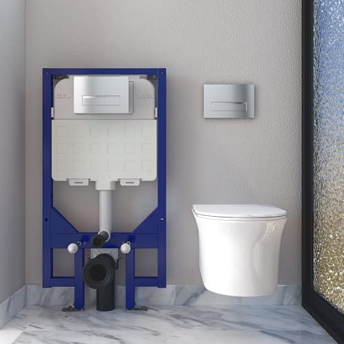 Round Rimless Wall Hung Toilet Modern Bathroom Short Projection with 1.14M Concealed Cistern Frame WC Pan UF Soft Close Seat White-36101