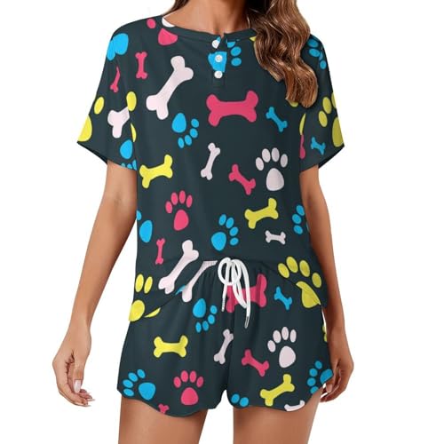 Pyjama femme manches courtes anti-chaleur ensemble de nuit d'été motif patte de chien