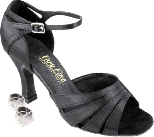 Very Fine Dance Shoes Women's Salsa Ballroom Tango Latin Dance Shoes Style 1680 Bundle with Plastic Dance Shoe Heel Protectors, Black Satin 9 M US Heel 2.5 Inch