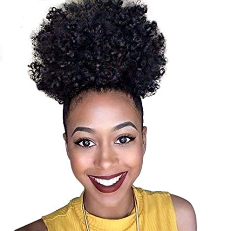 MISSUHUI Hair Pieces Afro Kinky Curly Puff Drawstring Ponytail Synthetic Curly Clip in Hair Extensions for Black Women, Natural Black Ponytail Hairpieces Donut Chignon Wig Updo Hair Bun With 2 Clips