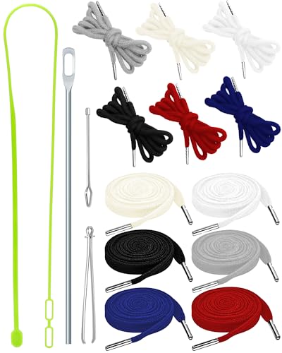 FIVEIZERO 16pcs Drawstring Cord Kit-12pcs Hoodie Strings (Flat & Round,6 Basic Universal Colors) with Drawstring Threader Tools,Bodkin,Rope Threader–Draw String Replacement for Pants,Shorts,Shoes