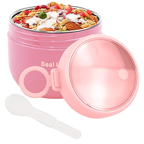 bainuote Taza de Muesli para Llevar 600 ml Taza de Muesli Taza de Yogur Lata de Yogur a Prueba de Fugas Taza de Ensalada Taza de Muesli de Acero Inoxidable para Cada Desayuno Almuerzo - Rosa