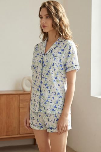 Image of LUBOT 100% Cotton Pajamas for Women 2 Piece PJ Set Poplin Woven Lightweight Ladies Button Short Sleeve Sleepwear S-XXL