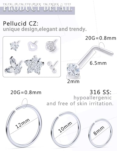 20G Nose Rings Hoops 316L Stainless Surgical Steel Hypoallergenic Nose Rings Studs Piercing Jewelry for Women Men Diamond Clear CZ Silver Gold Black Rainbow Rose Gold3
