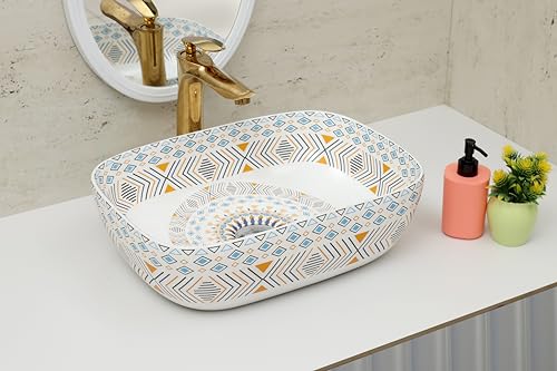 Image of Moroccan Design Ceramic Tabletop Wash Basin | Countertop Vessel Sink | Wash Basin over counter For Bathroom Hotel Home (18x13x5.5 Inch) (TORO 4014) (Moroccan Design 106)
