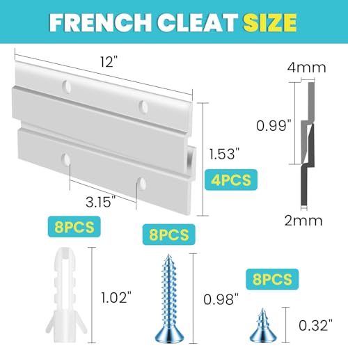 Image of FURWEY French Cleat, Picture and Mirror Hanger, Aluminum French Cleat, Headboard Wall Mounting Brackets with Screws(12 Inch-2 Pairs, Support 80 lbs)