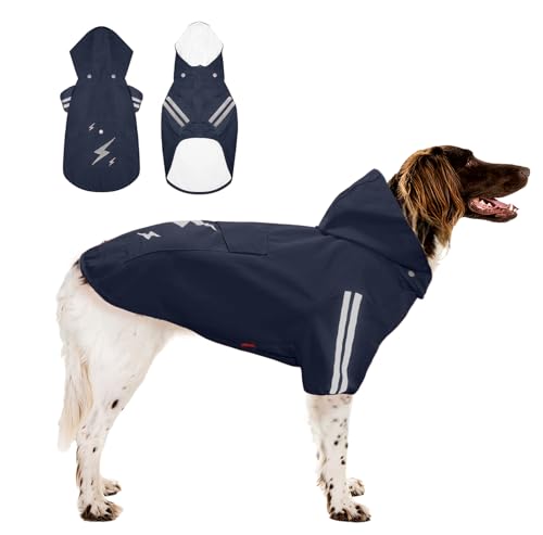 Kickred 犬用レインコート カッパ 犬用雨具 ポリエステル100%の防水生地 梅雨対策 ペットコート レインジャケット 反射ストリップ付き 夜間安全 着脱式帽子 着脱簡単 中型犬 大型犬用