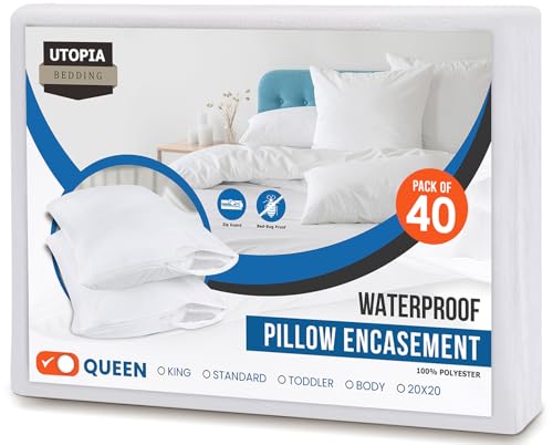 Image of Utopia Bedding Premium 100% Waterproof Pillow Protectors with Zipper Queen Size (Set of 40), Bed Bug and Dust Mite Proof Zippered Pillow Covers, Pillow Encasement Cases, White