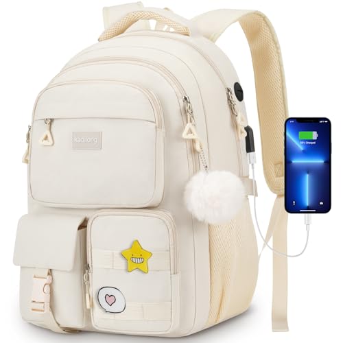 Cute Middle High School Bags Bookbag for Teen Girls,Laptop Backpack for Women,Back Pack Knapsack for College Student(Beige)