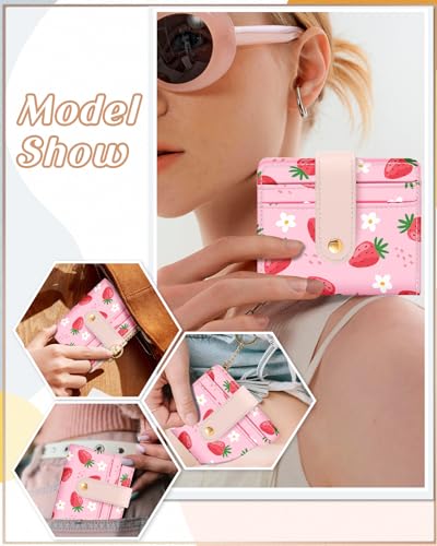 Image of Bistup Small Card Wallet for Women with Keychain, Strawberry | Clear ID Window, Compact Design for Daily Carry, Durable Material, Sturdy Keychain, Aesthetic