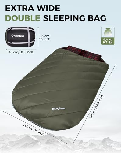 Image of KingCamp Double Sleeping Bag for Adults, Queen Size 2 Person XXL Flannel Sleeping Bag, Waterproof Lightweight Flannel Quilt with 2 Pillows, Perfect for Couples Family Camping Hiking