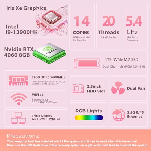 Image of Mini Gaming PC, Intel Core I9-13900HK with RTX 4060 8G Gaming Computer, 32GB DDR5 RAM, 1TB PCIe4.0 SSD, RGB Lights, Triple 4K Display /WiFi6E BT5.3 /2.5G RJ-45, Win 11 Pro Desktop PC, White