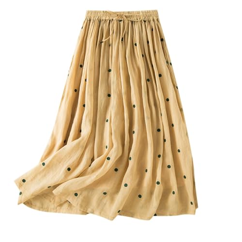Womens Polka Dot Linen Maxi Skirt, Summer Comfy Tiered Elastic High Waisted Aline Flowy Swing Pleated Skirts for Women3