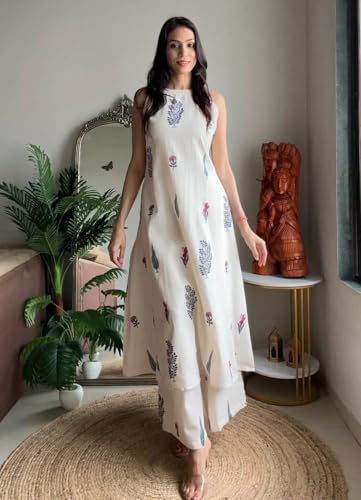 Image of Klosia Women Pure Cotton Kurta Palazzo Set | Sleeveless Printed Kurta with Palazzo Pants | Summer Friendly, Office Wear Co-Ord Set