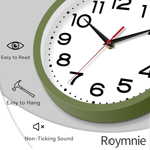 Image of Roymnie 8 Inch Small Wall Clock, Battery Operated Silent Non Ticking Green | analog wall clock; bold numerals for easy reading; silent non-ticking; 1 AA battery (not included); for classroom