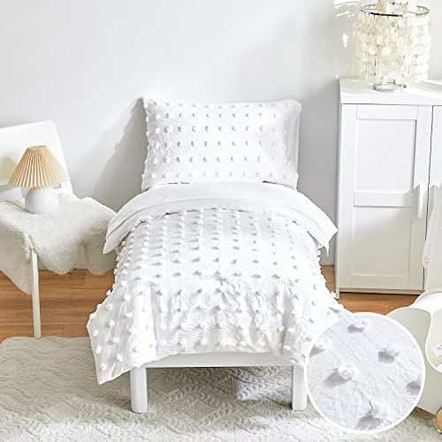 Image of 4 Piece Tufted Dots Toddler Bedding Set Solid White Jacquard Pom Pom Tufts, Soft and Embroidery Shabby Chic Boho Design for Baby Boys Girls, Includes Comforter, Flat Sheet, Fitted Sheet and Pillowcase