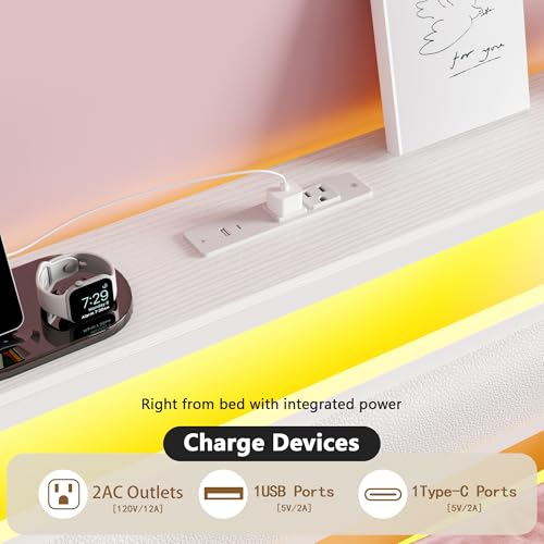 Image of OURPIC Twin Bed Frames for Kids, White Leather Twin Size Bed Frame with Charging Station & LED Lights, Metal Platform Bedframe with Upholstered Headboard and Storage Shelf, Easy Assembly